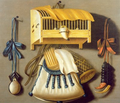 狩猟用具と鳥かごのトロンプ・ルイユ 作： Johannes Leemans